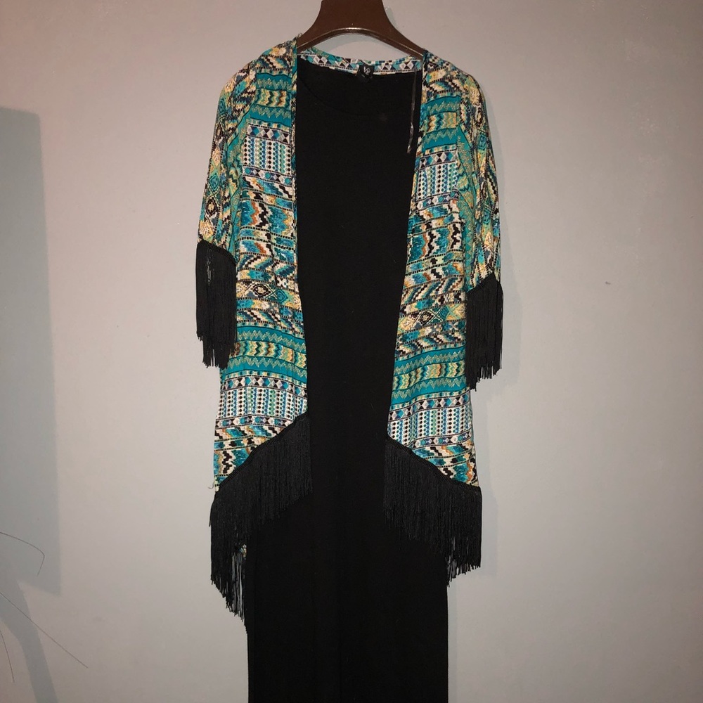 Long Black dress with fringe cardigan